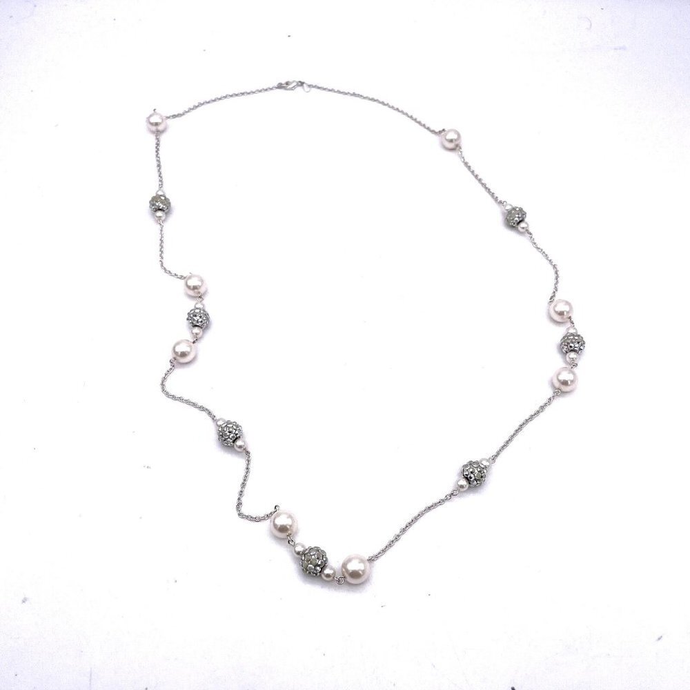 Rmn Rhinestone Long Chain Faux Pearl Necklace Disco Ball Rhinestone Signed 38